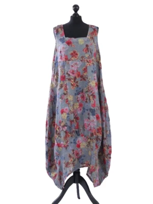 MADE IN ITALY Italian Lagenlook floral Sleeveless Square Neck Linen Tank Dress One Size