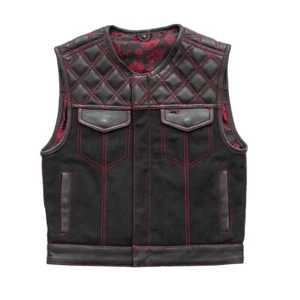 Men’s Biker Vest Or Hunt Club Leather Diamond Quilted Motorcycle Vest Black Red - Picture 1 of 5