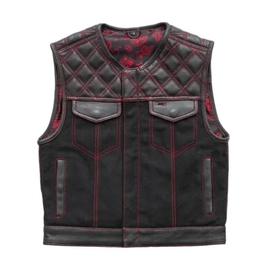 Men’s Biker Vest Or Hunt Club Leather Diamond Quilted Motorcycle Vest Black Red - Image 1 of 4