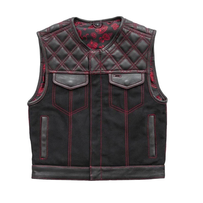 Men’s Biker Vest Or Hunt Club Leather Diamond Quilted Motorcycle Vest Black Red - Image 1 of 4
