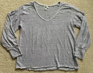 Sundance Mariner Journey Linen Top Womens XS Gray Striped Balloon Sleeve V Neck - Picture 1 of 10
