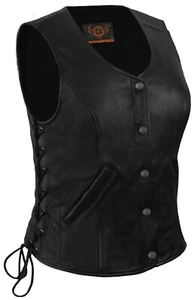 Chaleco de cuero True Element para mujer de mayor longitud para motocicleta con cordones laterales (negro - Imagen 1 de 3