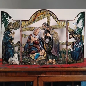 Vintage Folk-Art Nativity Punched Tin Metal Screen Hand-Painted 30" Wide - Picture 1 of 17
