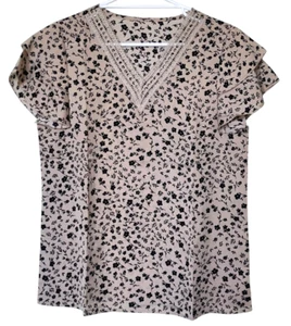 Women’s Floral Print V Neck Blouse, Elegant Petal Sleeve with Lace Detail Blouse - Picture 1 of 4