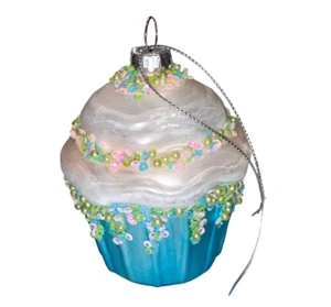burton + BURTON Blue Sequin CUPCAKE Handblown Glass Christmas Ornament New NWT - Picture 1 of 2
