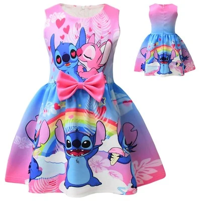 Stitch Lilo Girl Princess Dress Kid Sleeveless A-line bow tie Gown Pink Skirt - Image 1 of 4