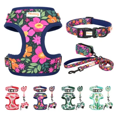 Nylon Dog Collar Breathable Floral Harness Vest Padded Leash Lead Dog Poop Bags  - image 1 of 4