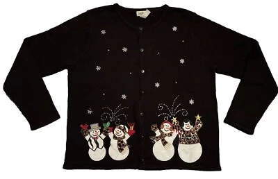 Cárdigan Suéter Negro Muñeco de Nieve Vacaciones Navidad De Colección Adornado Con Cuentas Talla L Foto 1 de 4
