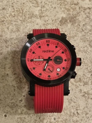 Red Line Men 316L Red/Black Rubber Band Round 45mm Quartz Analog Watch *WORKING  - image 1 of 4