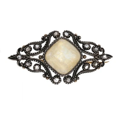 Broche georgiano doblete de cuarzo y vidrio - plata y oro de 18k antiguo con diamantes Foto 1 de 4