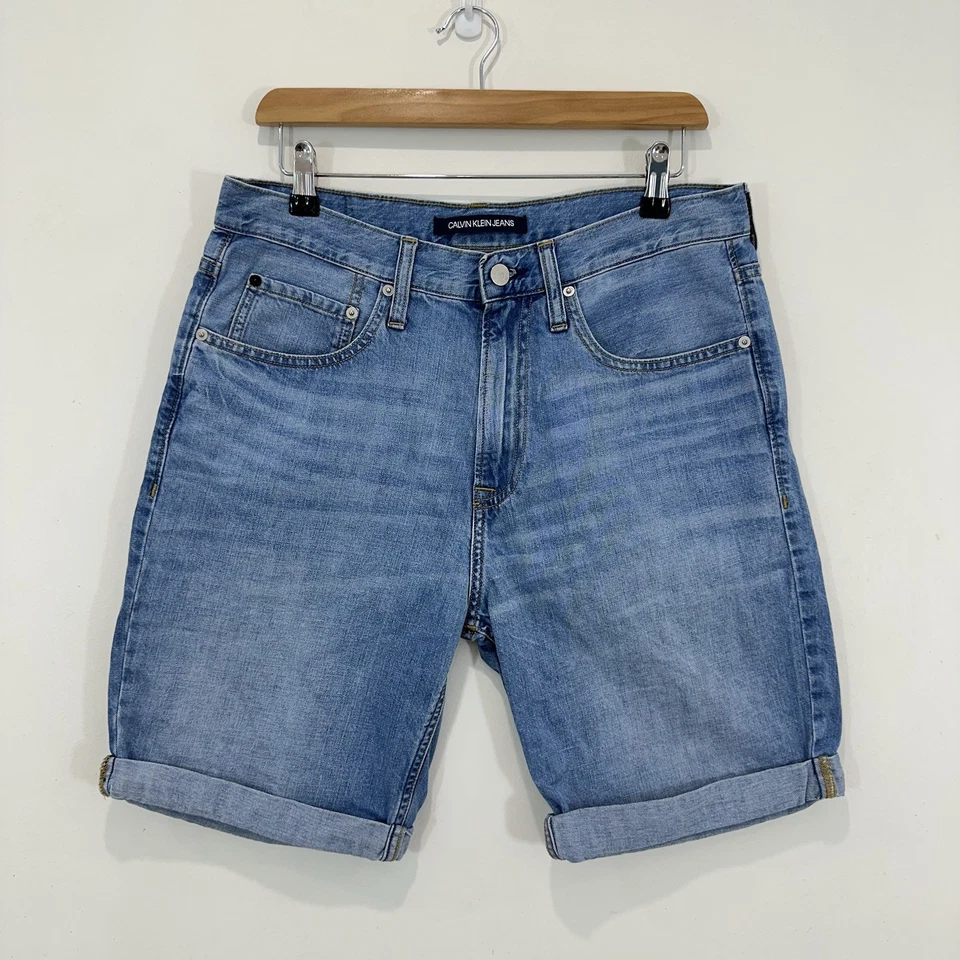 Calvin Klein Denim Shorts Men 31 Blue Rolled Hem Mid Rise Zip Fly Cotton/Linen — 第 1/4 张图片