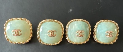 CHANEL Square Design 2.4 cm (24mm) XL BUTTONS Set of 4 Light Green Marble & GOLD - Image 1 of 4