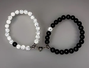 Couples Black Onyx Magnesite 6mm Beaded Bracelet Set With Magnetic Heart Charm - Picture 1 of 3