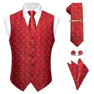 Mens Suit Vest Christmas Dress Vests Silk Tie Pocket Large Red Christmas Tree - Image 1 of 4
