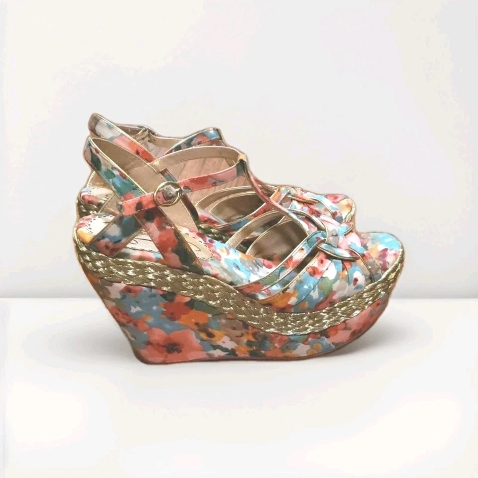 Sandalias de cuña de plataforma licencia poética talla Tacones dorados con flores florales de caramelo de 8 brazos Foto 1 de 4