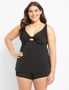 LANE BRYANT CACIQUE SWIM BLACK UNDERWIRE KNOT FRONT TANKINI TOP SZ 40D - Picture 1 of 4