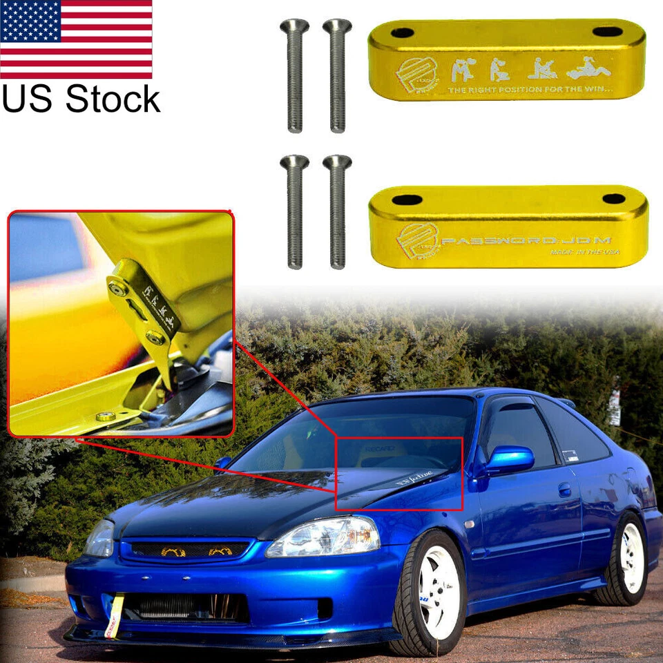 2Pcs Gold PASSWORD JDM Billet Hood Spacer Riser For Honda Civic/Acura Integra - Imagem 1 de 4