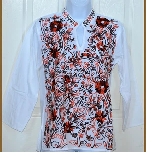 Blusa Kurti Mangas Largas Bordada Blanco Algodón Blusa de la India - Imagen 1 de 4