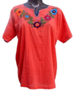 Mexican Embroidered Blouse Womans Floral Orange Short Sleeve Medium Size 10 12 - Picture 1 of 6