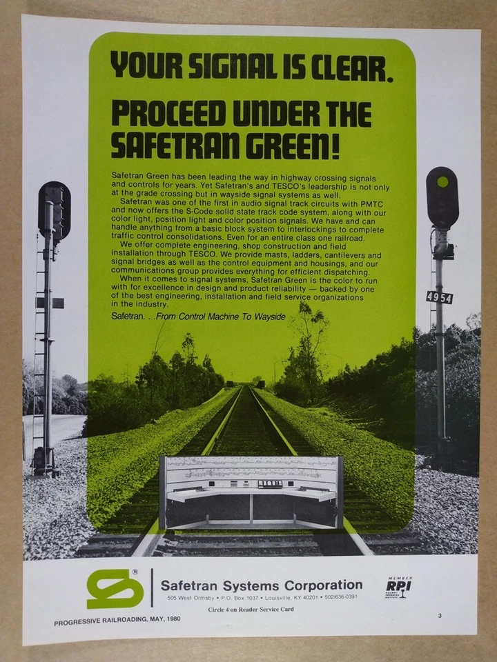 Señales de ferrocarril Safetran Green Highway Crossing 1980 anuncio impreso vintage Foto 1 de 1