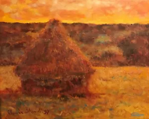 ORIGINAL LEON GOODMAN "Haystack" claude monet rendition autumn OIL PAINTING - Picture 1 of 2