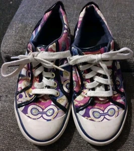 Coach Signature Sneakers Tennis Shoe Woman Size 6B Purple Navy Blue Logo Lace Up - Picture 1 of 13