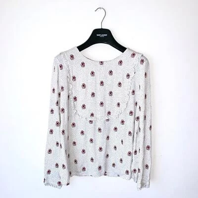 CLUB MONACO Peasant Blouse Size L Floral Embroidered Cream Crew Neck Ruffle - Image 1 of 4