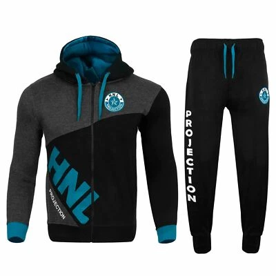 Uomo con Cappuccio Tuta Completa Hnl Stampa Blu Zip Pile Top & Jogging Pantaloni - Immagine 1 di 2