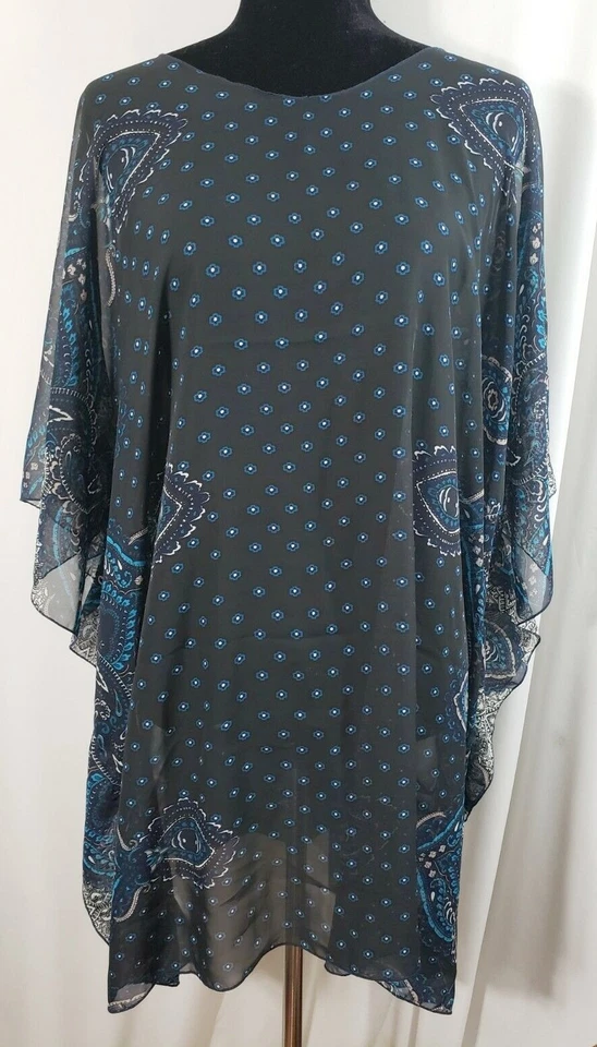 大码斗篷式上衣/上衣,灰色/蓝色,圆点与佩斯利,尺寸 1X-2X,手工制作 — 第 1/1 张图片