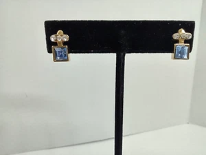 Premier Designs Gold Tone Earrings Blue Clear Rhinestone Stud Square - Picture 1 of 12