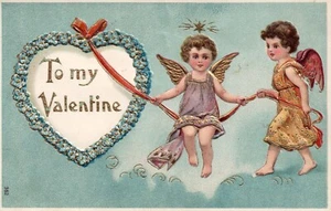 To My Valentine Gold Embossed Cherub Vintage Valentine Postcard - Picture 1 of 2