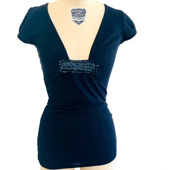 LOVE from YA-YA V-Neck Ribbed Short Sleeve Top Matte Sequin Accent in Black S - Image 1 of 4