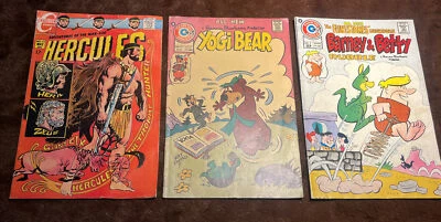 批量 3 件 查尔顿漫画 ~ HERCULES 1969 年 YOGI BEAR 1975 巴尼和贝蒂橡胶 1974 — 第 1/4 张图片