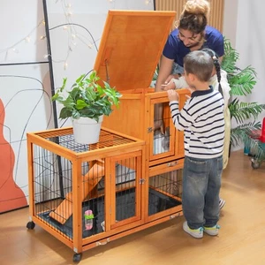 COZIWOW Wooden Rabbit Hutch Small Animal Outdoor Pen w/ 4 Casters Cleaning Trays - Picture 1 of 19