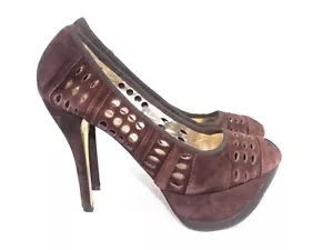 BEBE Suede Brown Platform Pump Stiletto High Heels Open Toe Size 8 M - Picture 1 of 7