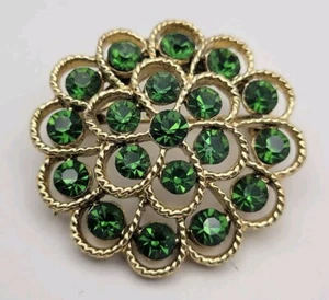 Vintage Smaragd Grün Strass Brosche Goldfarben Filigran Kreis Lagenlook Kristalle - Bild 1 von 8