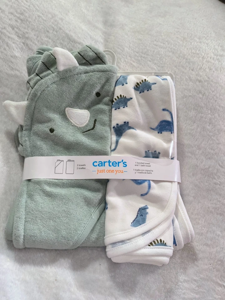 Carter’s 2-Pack Towel Set – Dinosaur Hooded Towel + Bath Towel for Baby & Todd - Image 1 of 3