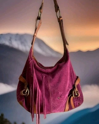 Lucky Brand Purple Suede Leather Fringe Hobo Crossbody Bag Boho Western - Image 1 of 4