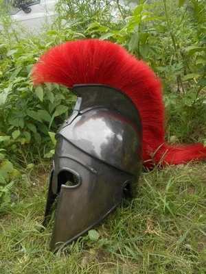 Capacete espartano antigo 300 com réplica de pluma vermelha armadura de aço capacete espartano - Imagem 1 de 3