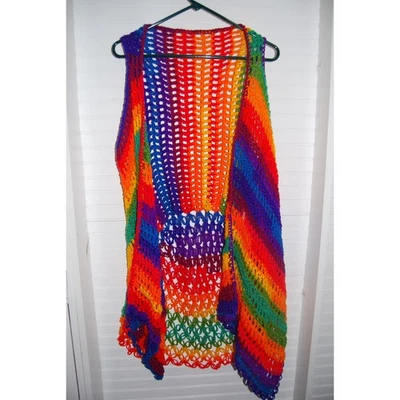 Vintage crochet vest Handmade Rainbow yarn Long Sleeveless Granny Knit top - Image 1 of 4