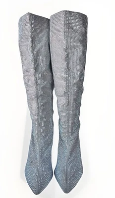 MODA NOVA Botas Mujer 9 Brillantes Deslumbrantes Gris Plateado Pull-On Cuña Hasta la Rodilla Foto 1 de 4