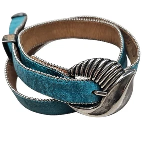 Vintage Teal Blue Western Belt Silver Tone Belt Long Tail Unique Buckle Rodeo - Picture 1 of 8