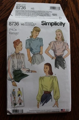 Simplicity 8736 1940s Set of Blouses w Peter Pan Collar, Bishop Sleeves Sz 6-14 - Image 1 of 3