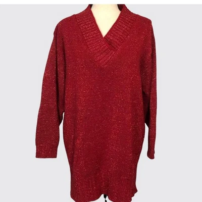 Diane Von Furstenberg Sweater Large Red Shimmery Long Sleeve V-Neck Vintage - Image 1 of 4