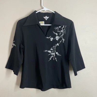 Blusa asiática oriental bordada cereza negra/plateada Kliman de colección para mujer talla L Foto 1 de 4