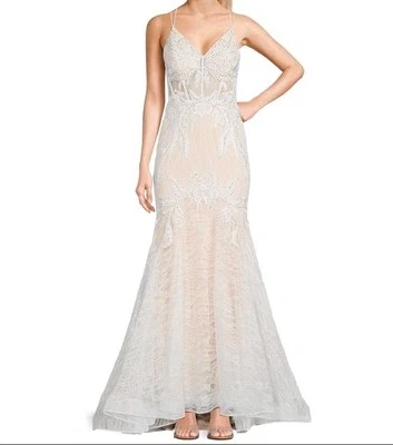 Giani Bini V Neck Lace Up Back Embroidered Lace Mermaid Gown Sz 5 MSRP $349 BNWT - Image 1 of 4