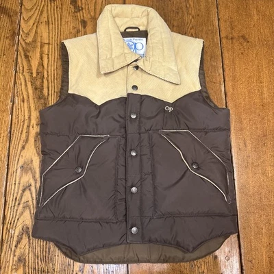 Vintage 80s Op Ocean Pacific Double Sided Puffer Vest Brown/Tan Size Large Rare - Image 1 of 4