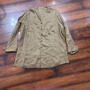 TOTO N KO Marrón 100% Lino Túnica Rana Cierre Frontal Para Mujer 1X Camisa Blusa - Imagen 1 de 6