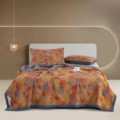 Cobertor Purefair 100 algodão musselina jacquard laranja floral folhas de ginkgo colcha... - Imagem 1 de 4