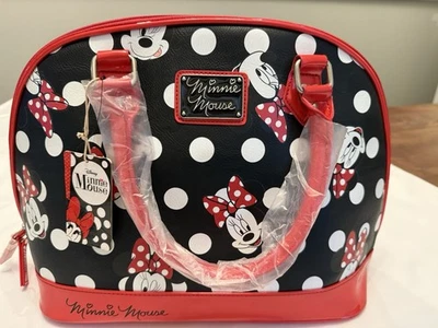 NWT LOUNGEFLY DISNEY MINNIE MOUSE LARGE DOMED SATCHEL EMBOSSED RED WHITE POLKA - Image 1 of 4